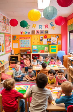 A vibrant and cheerful kindergarten classroom filled with colorful decorations, playful learning materials, and happy children engaging in various activities