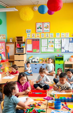 A vibrant and cheerful kindergarten classroom filled with colorful decorations, playful learning materials, and happy children engaging in various activities