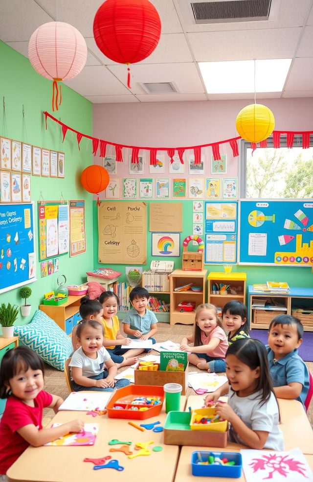 A vibrant and cheerful kindergarten classroom filled with colorful decorations, playful learning materials, and happy children engaging in various activities