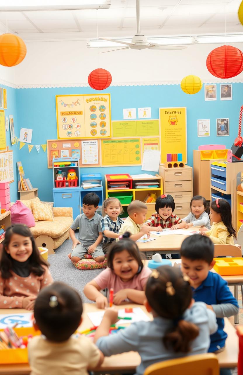 A vibrant and cheerful kindergarten classroom filled with colorful decorations, playful learning materials, and happy children engaging in various activities