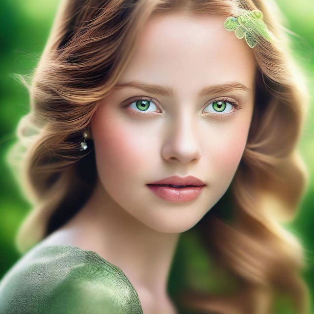 This is a high-quality image of a beautiful girl with light brown hair and enchanting green eyes