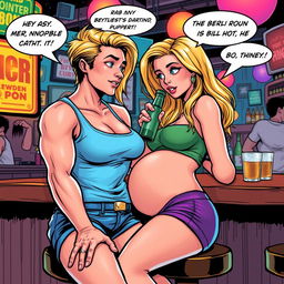 A colorful comic book-style illustration featuring a beautiful, sexy, curvy blonde woman with an innocent expression, wearing tight shorts and a fitted tank top