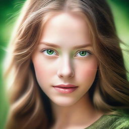 This is a high-quality image of a beautiful girl with light brown hair and enchanting green eyes