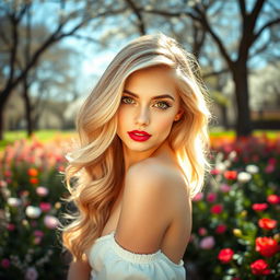 A striking blonde girl with vibrant red lips and captivating brown eyes, showcasing her slender figure in a graceful pose