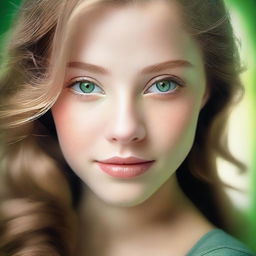 This is a high-quality image of a beautiful girl with light brown hair and enchanting green eyes