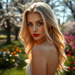 A striking blonde girl with vibrant red lips and captivating brown eyes, showcasing her slender figure in a graceful pose