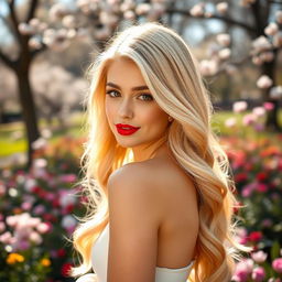 A striking blonde girl with vibrant red lips and captivating brown eyes, showcasing her slender figure in a graceful pose