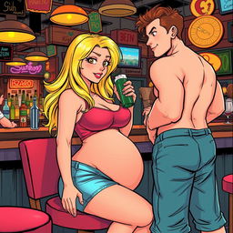 A vibrant comic book-style illustration featuring a beautiful, sexy, curvy blonde girl with an innocent expression