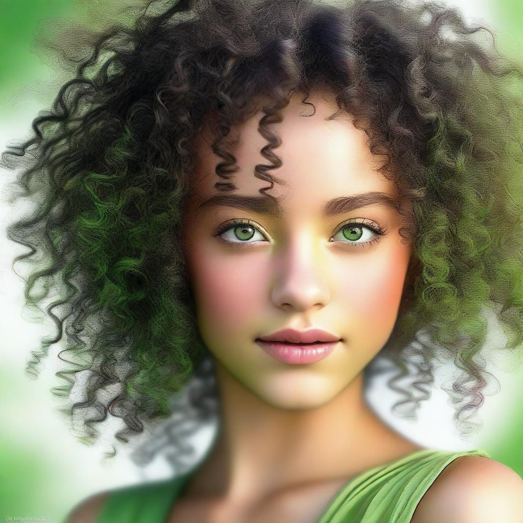 A high-definition image of a beautiful girl with light black, curly hair and light green eyes