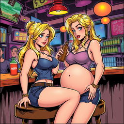 A vibrant comic book-style illustration featuring a beautiful, sexy, curvy blonde girl with an innocent expression