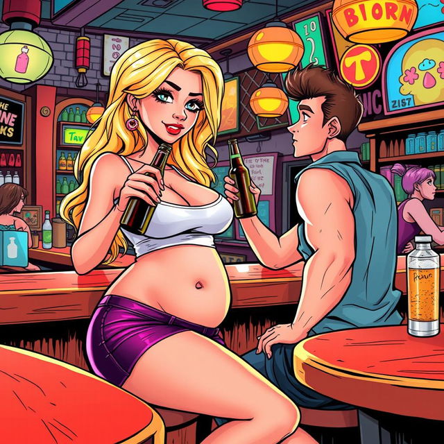 A vibrant comic book-style illustration featuring a beautiful, sexy, curvy blonde girl with an innocent expression