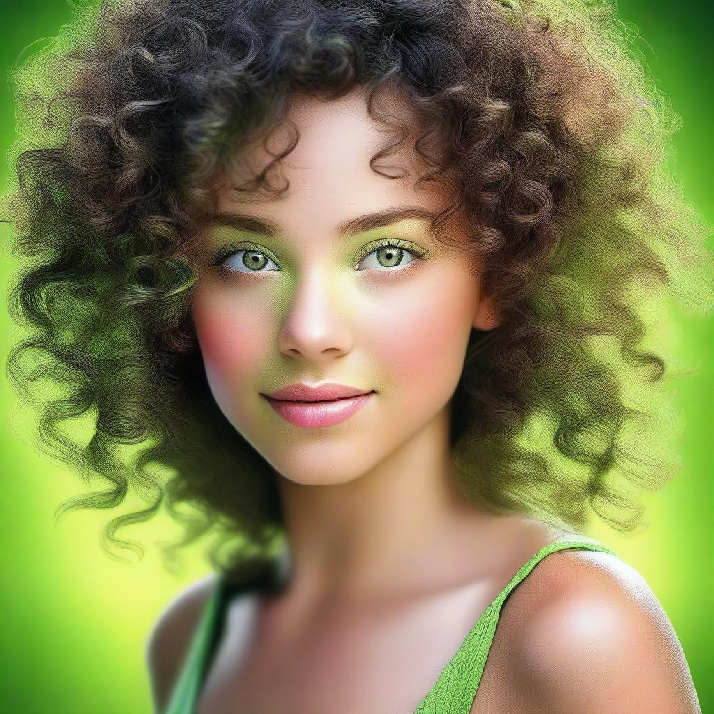 A high-definition image of a beautiful girl with light black, curly hair and light green eyes