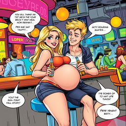 A dynamic comic book-style illustration featuring a beautiful, sexy, curvy blonde girl with an innocent look