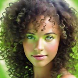 A high-definition image of a beautiful girl with light black, curly hair and light green eyes