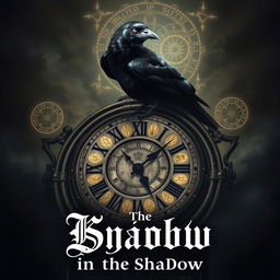 A mysterious crow perched ominously on an ancient clock, surrounded by dark vibes and elements representing the multiverse