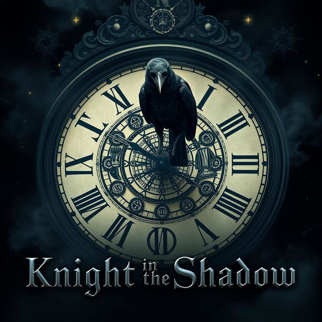 A mysterious crow perched ominously on an ancient clock, surrounded by dark vibes and elements representing the multiverse