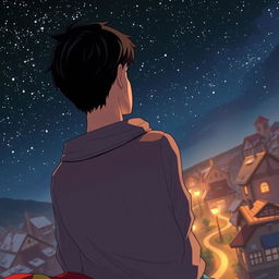 In a beautifully illustrated anime style, we see a sad, handsome 24-year-old male adventurer from behind