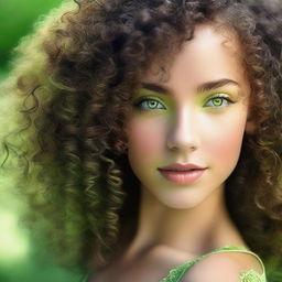 A high-definition image of a beautiful girl with light black, curly hair and light green eyes