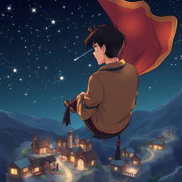 In a beautifully illustrated anime style, we see a sad, handsome 24-year-old male adventurer from behind
