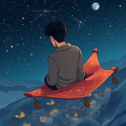 In a beautifully illustrated anime style, we see a sad, handsome 24-year-old male adventurer from behind