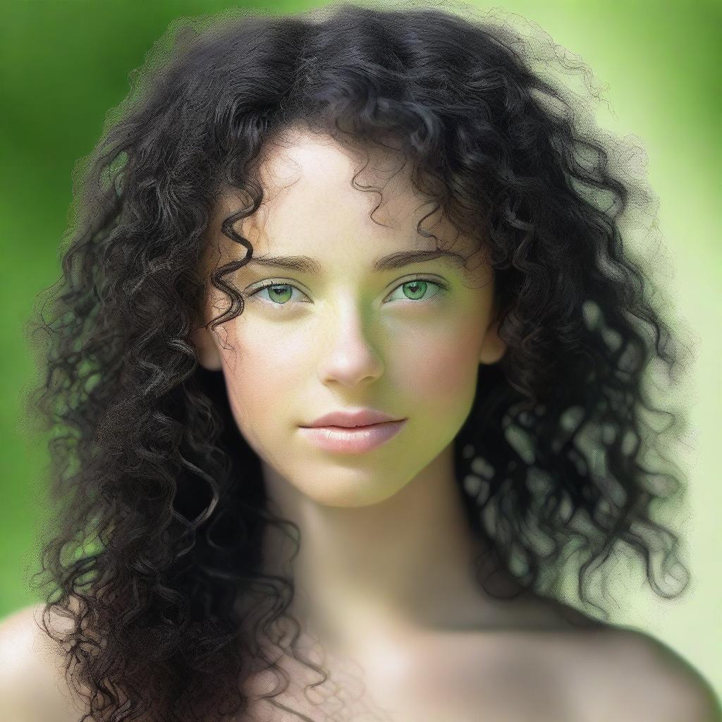 This is a high-quality, realistic image of a naturally beautiful girl with black curly hair and light green eyes