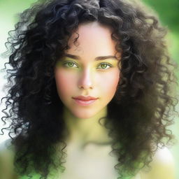 This is a high-quality, realistic image of a naturally beautiful girl with black curly hair and light green eyes