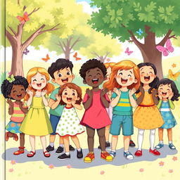 A colorful children's book illustration showing a diverse group of children joyfully singing together in a cheerful outdoor setting