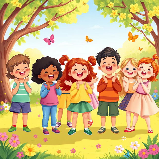 A colorful children's book illustration showing a diverse group of children joyfully singing together in a cheerful outdoor setting