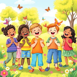 A colorful children's book illustration showing a diverse group of children joyfully singing together in a cheerful outdoor setting