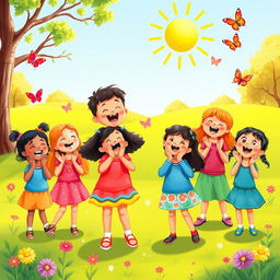 A colorful children's book illustration showing a diverse group of children joyfully singing together in a cheerful outdoor setting