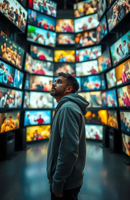 A contemplative man wearing a grey hoodie stands in a straight line, gazing thoughtfully at a multitude of TV screens displaying various scenes of human life, ranging from joyful gatherings to intense moments