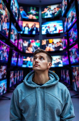 A contemplative man wearing a grey hoodie stands in a straight line, gazing thoughtfully at a multitude of TV screens displaying various scenes of human life, ranging from joyful gatherings to intense moments