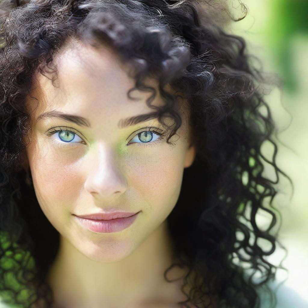 This is a high-quality, realistic image of a naturally beautiful girl with black curly hair and light green eyes