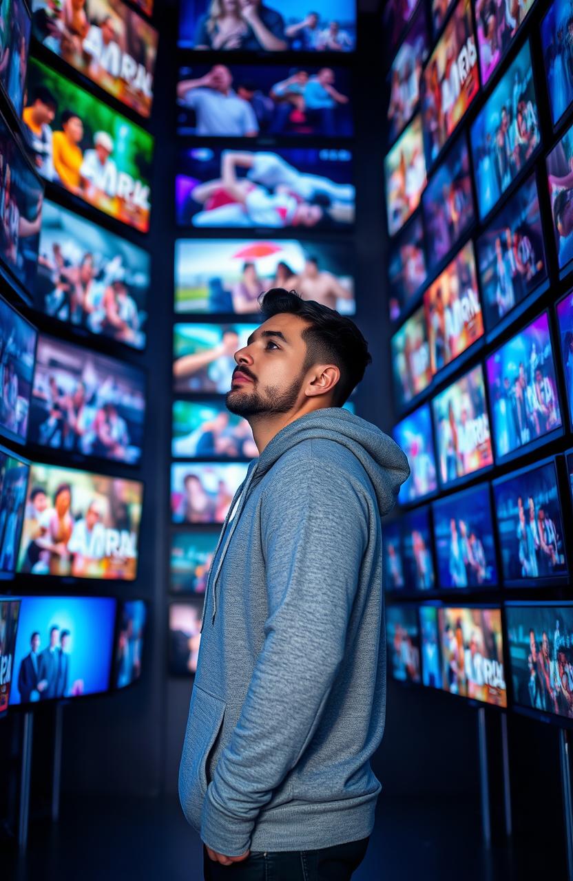A contemplative man wearing a grey hoodie stands in a straight line, gazing thoughtfully at a multitude of TV screens displaying various scenes of human life, ranging from joyful gatherings to intense moments