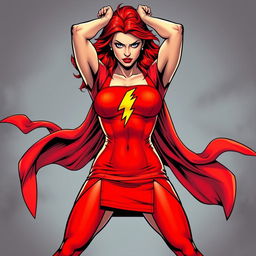 A powerful superheroine with fiery red hair, portrayed in a vibrant red dress, adorned with striking lightning bolt insignias around her medium-small breasts