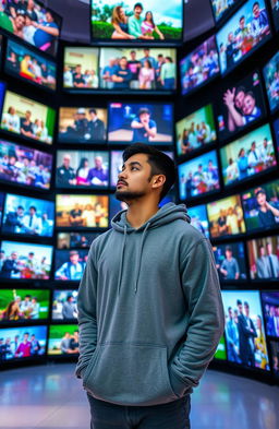 A contemplative man wearing a grey hoodie stands in a straight line, gazing thoughtfully at a multitude of TV screens displaying various scenes of human life, ranging from joyful gatherings to intense moments