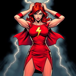 A powerful superheroine with fiery red hair, portrayed in a vibrant red dress, adorned with striking lightning bolt insignias around her medium-small breasts