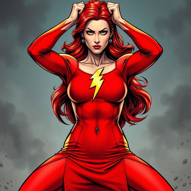 A powerful superheroine with fiery red hair, portrayed in a vibrant red dress, adorned with striking lightning bolt insignias around her medium-small breasts