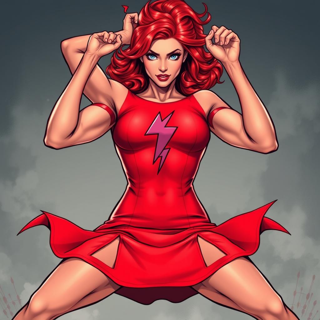 A powerful superheroine with fiery red hair, portrayed in a vibrant red dress, adorned with striking lightning bolt insignias around her medium-small breasts