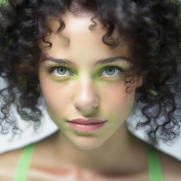 This is a high-quality, realistic image of a naturally beautiful girl with black curly hair and light green eyes