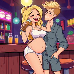 A whimsical cartoon-style illustration showcasing a beautiful, sexy, curvy blonde girl with an innocent charm