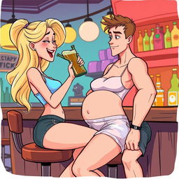A whimsical cartoon-style illustration showcasing a beautiful, sexy, curvy blonde girl with an innocent charm
