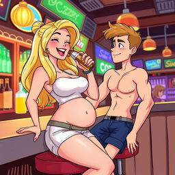 A whimsical cartoon-style illustration showcasing a beautiful, sexy, curvy blonde girl with an innocent charm