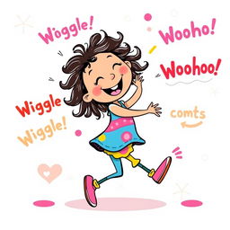 A whimsical and colorful illustration featuring a lively character dancing joyfully, wiggling their hips and turning around