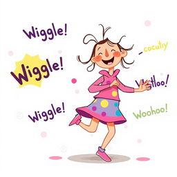 A whimsical and colorful illustration featuring a lively character dancing joyfully, wiggling their hips and turning around