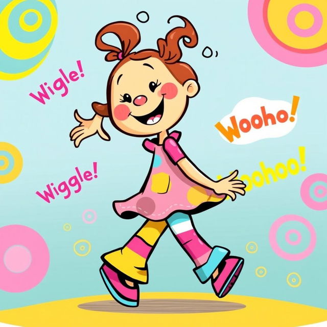 A whimsical and colorful illustration featuring a lively character dancing joyfully, wiggling their hips and turning around