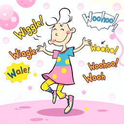 A whimsical and colorful illustration featuring a lively character dancing joyfully, wiggling their hips and turning around