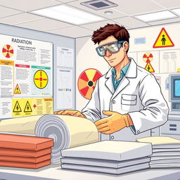 An educational illustration on radiation protection, featuring a detailed lab setting with a focus on safety measures