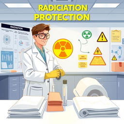 An educational illustration on radiation protection, featuring a detailed lab setting with a focus on safety measures