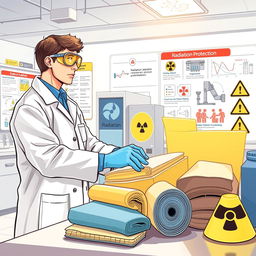 An educational illustration on radiation protection, featuring a detailed lab setting with a focus on safety measures